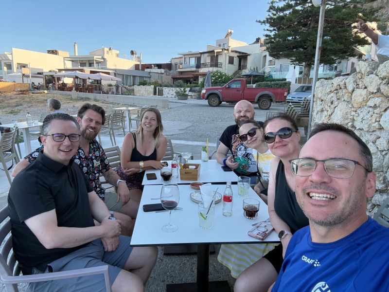 Michael Minella, Arno Koehler, Estelle Landry, Michał Niczyporuk, Ana-Maria Mihalceanu, Marit van Dijk and Andres Almiray at Mylos beach cafe.